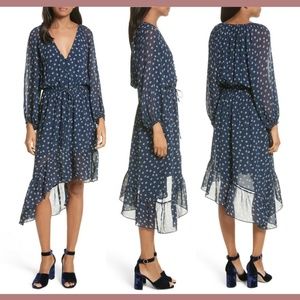 NEW $448 Joie Alithea Print Silk Asymmetrical Dress Dark Navy [SZ Large ]‎